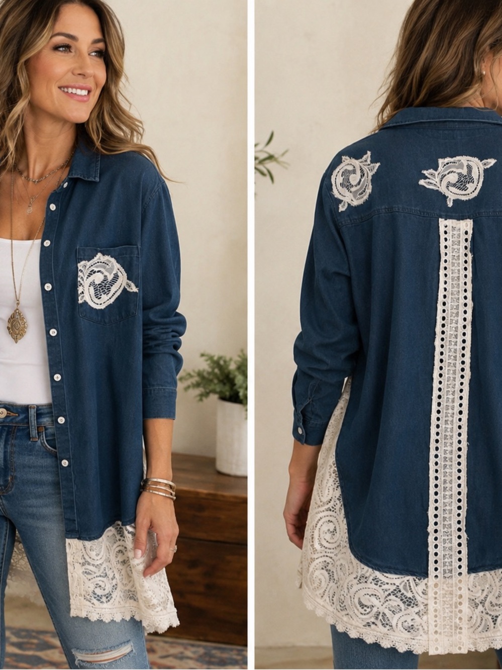 Upcycled Denim Button-Up Shirt - with lace and white tank